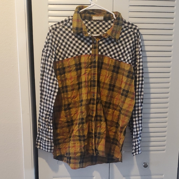 Promesa Tops - Promesa Black & White Gingham with Mustard Plaid Shirt